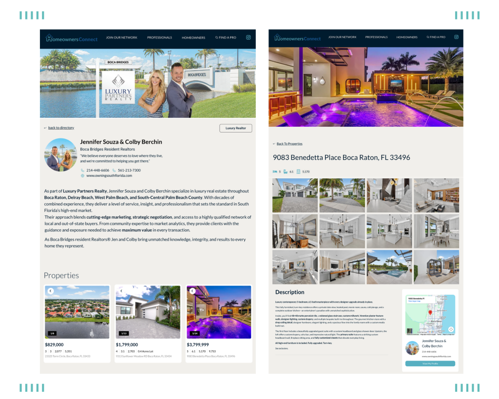 Homeowners Connect realtor profile and property listing layout featuring Jennifer Souza & Colby Berchin in Boca Raton.